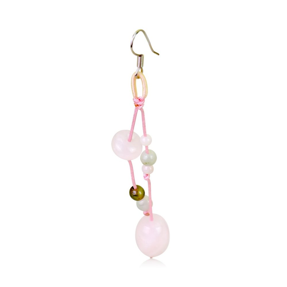 Exquisite Oblong and Disc Rose Quartz Gemstone Earrings